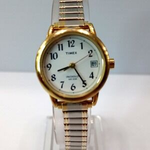 Timex Indiglo Quartz Watch Gold Tone White Dial Date Stretch Band New Battery